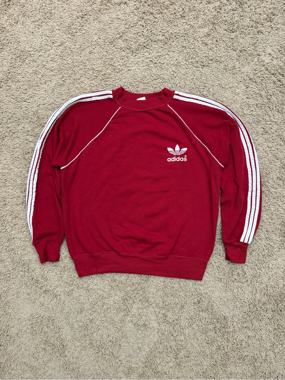 Vintage 80s Adidas Maroon Red Pullover M Crewneck Trefoil Logo Striped USA Made